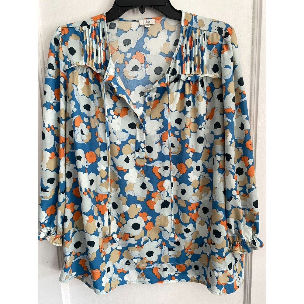 Joie Floral Blouse Women's M Blue Boho Pleated Tie Neck Smocked Cuff Georgette